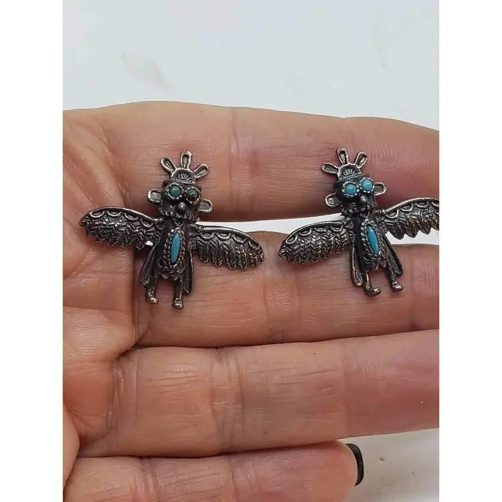 Vintage Native American Zuni Kachina Eagle Dancer Cuff Links Turquoise Pair Set
